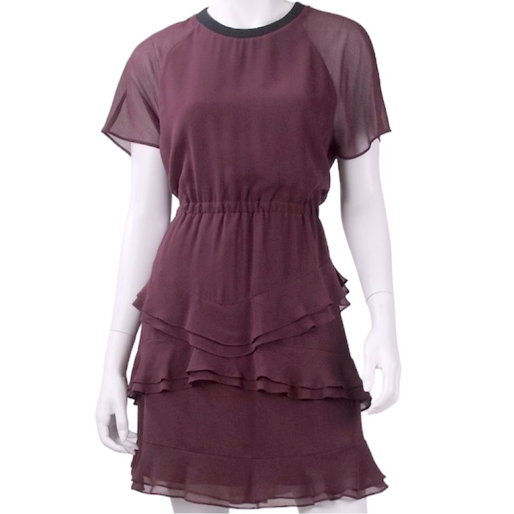 Madewell Tiered Ruffle Short Sleeve Chiffon Radiant Plum Mini Party Dress Size 8